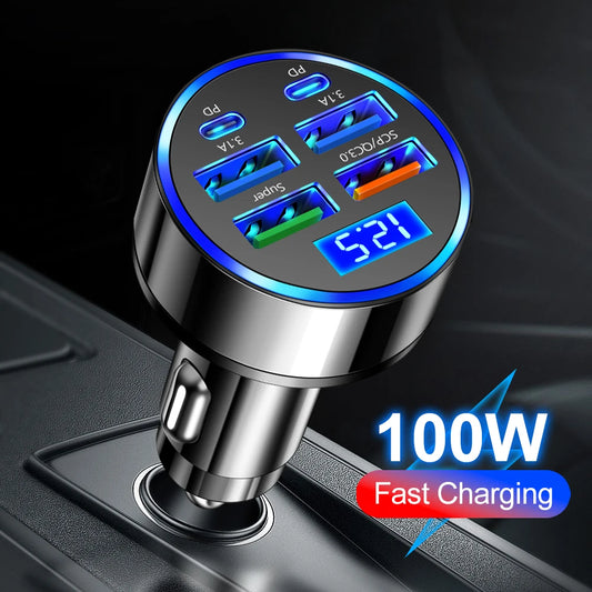 100W 6 Ports Car Charger USB / Type C Adapter